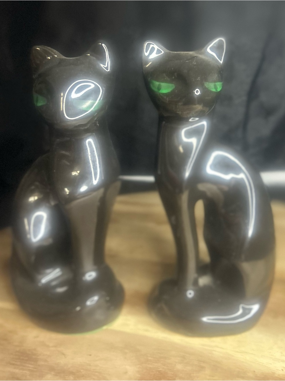 MCM Pair of Black Ceramic Cat Figurines with Green Eyes